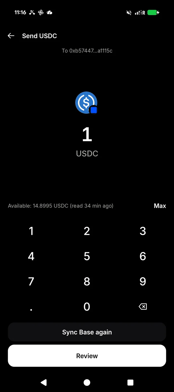 The amount keypad showing 1 USDC