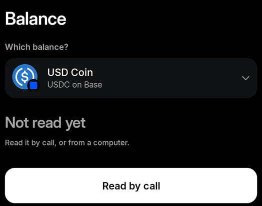 The Balance screen for USDC on Base with a Read by call button