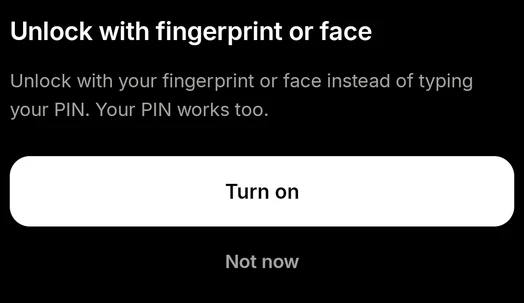 The Unlock with fingerprint or face sheet with a Turn on button