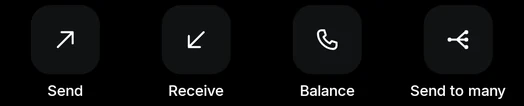 The Home actions in the app: Send, Receive, Balance and Send to many