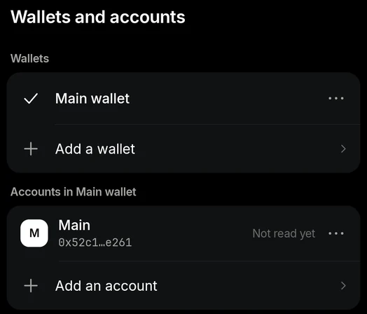 The Wallets and accounts sheet: Main wallet, Add a wallet, the Main account and Add an account