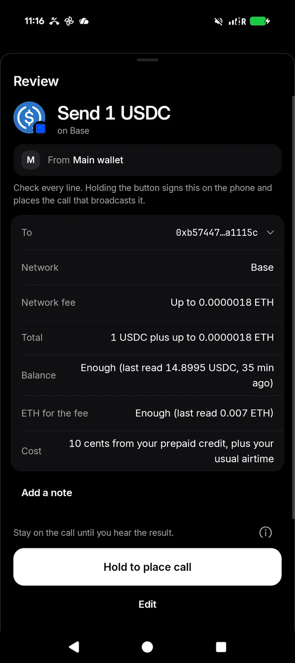 The TELRPC Wallet Review screen: send 1 USDC on Base, with a Hold to place call button