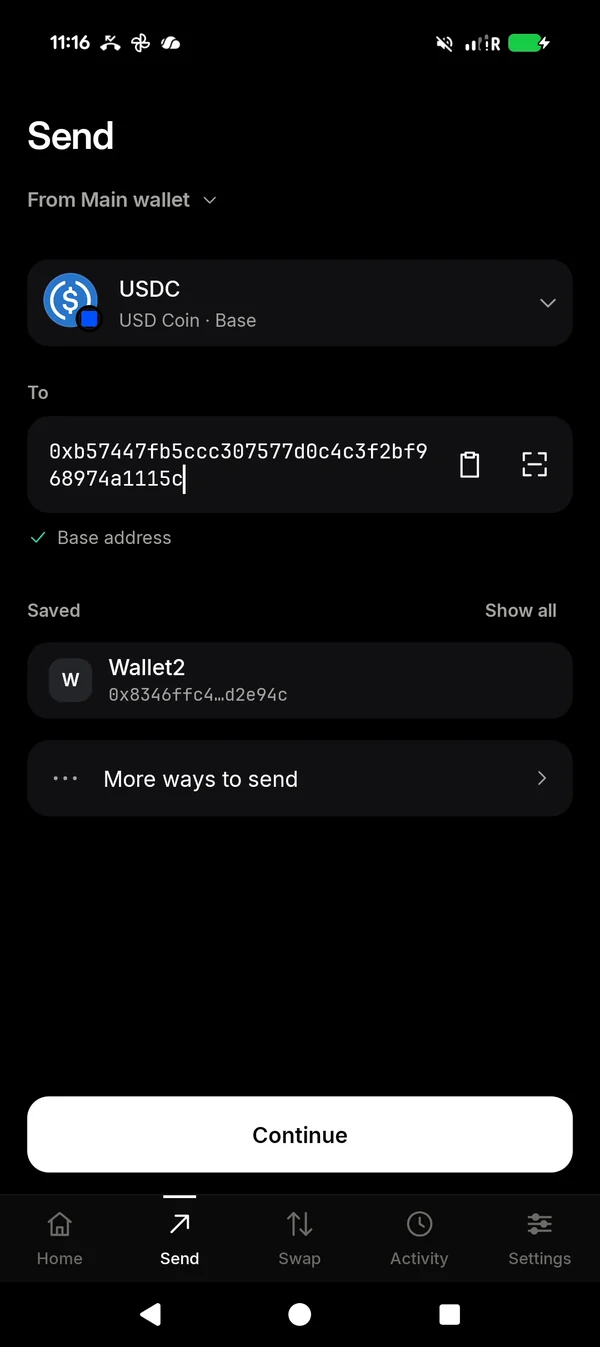 The Send screen of the TELRPC Wallet