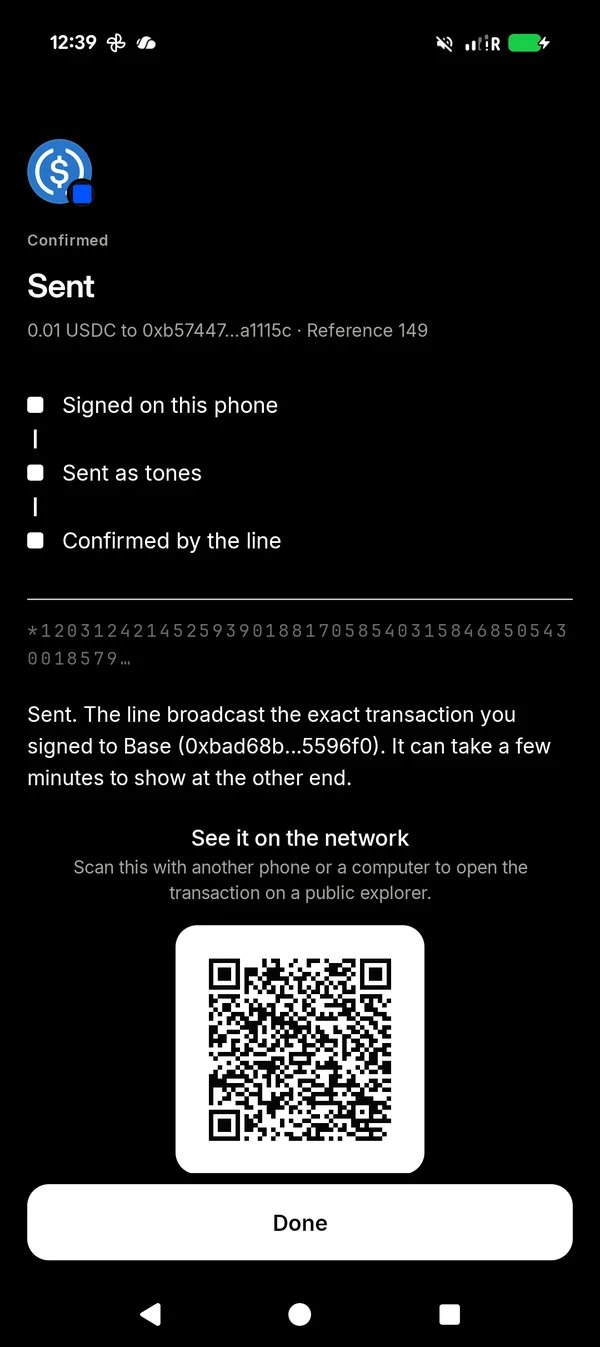 The Sent screen: confirmed, sent to Base, the exact transaction the phone signed
