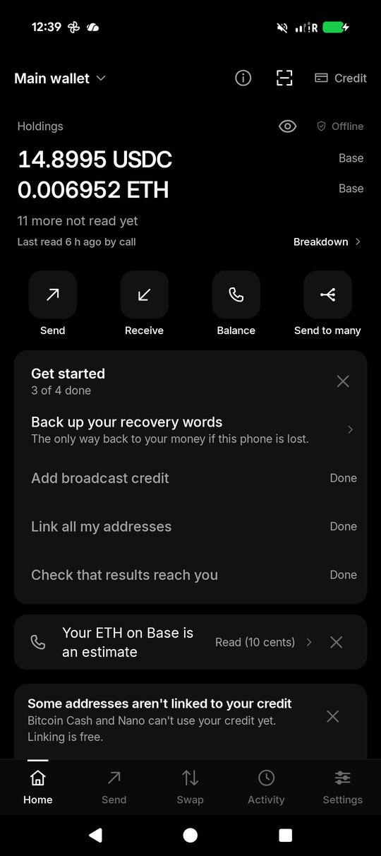 The TELRPC Wallet home screen: Send, Receive, Balance and Send to many, a Get started list, then the assets