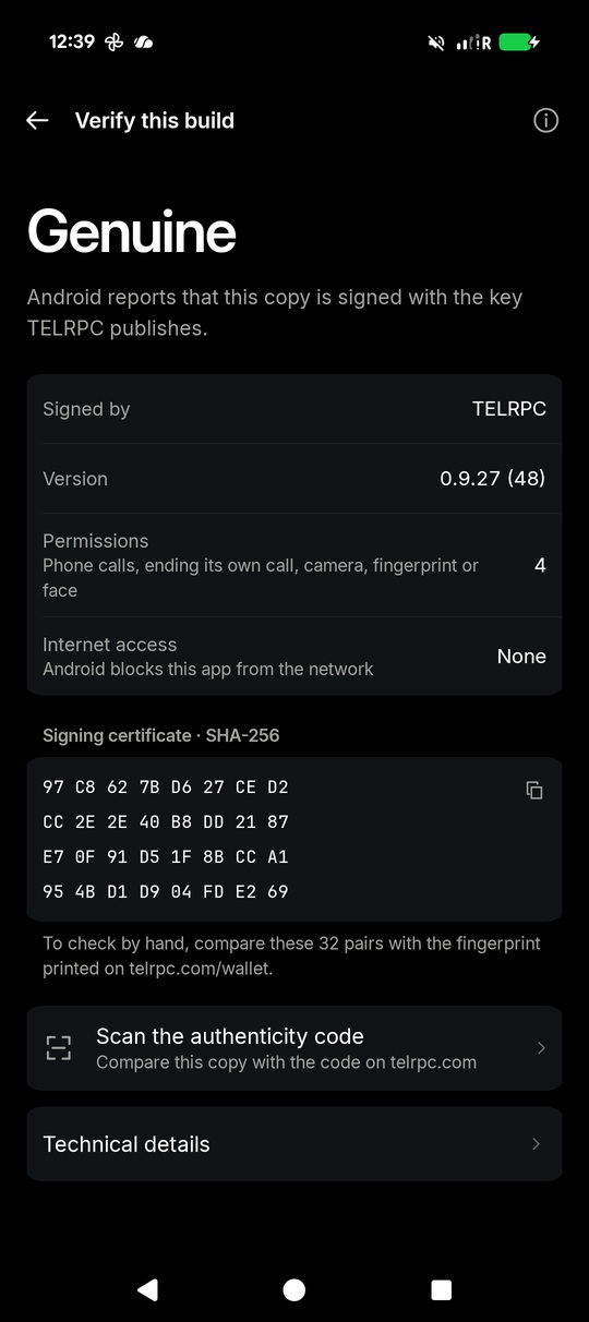The Verify screen in the TELRPC Wallet app