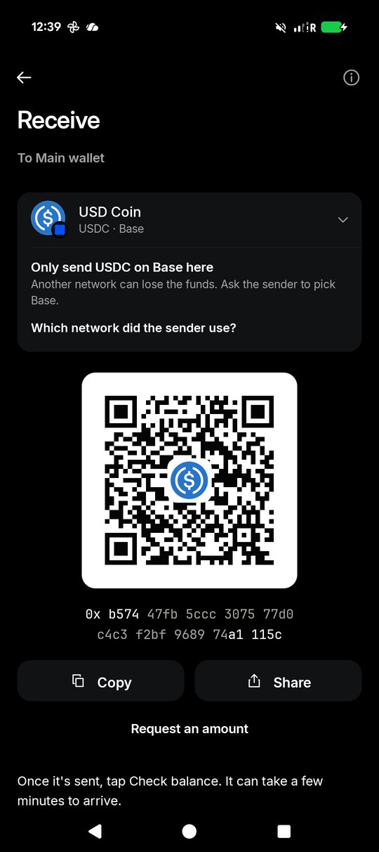 The Receive screen with an address QR code