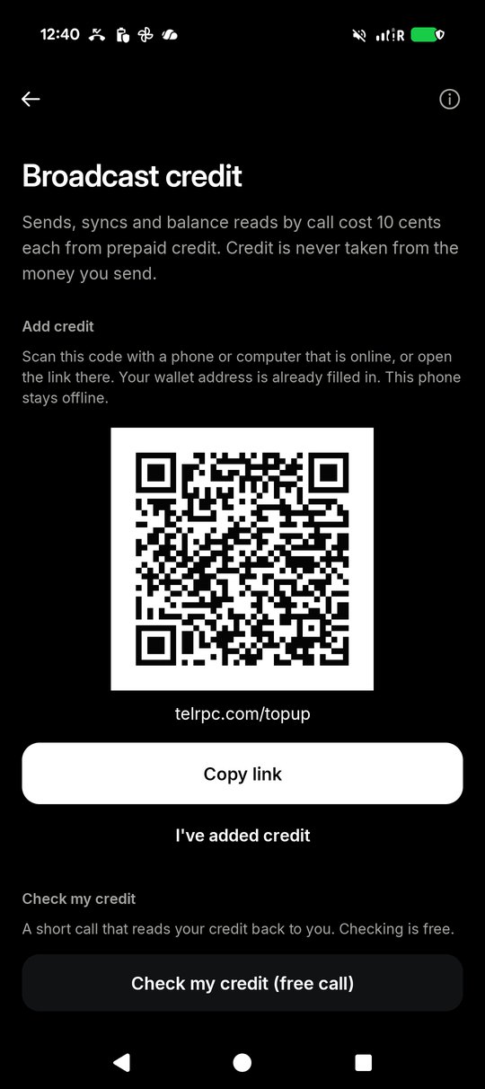 The Broadcast credit screen with a top-up QR code