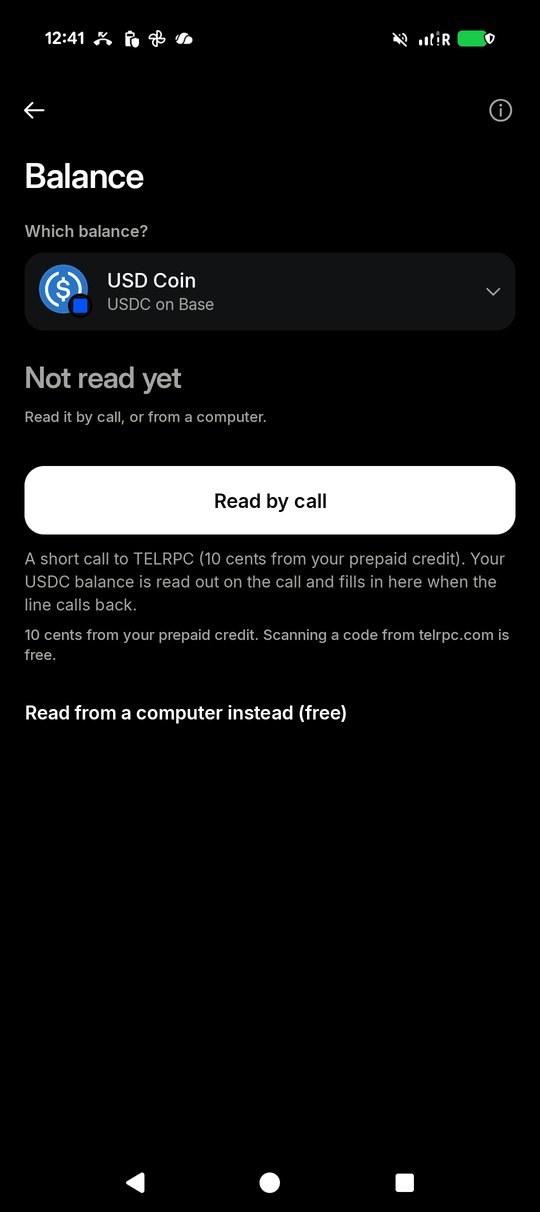 The TELRPC Wallet's Balance screen with a Read by call button