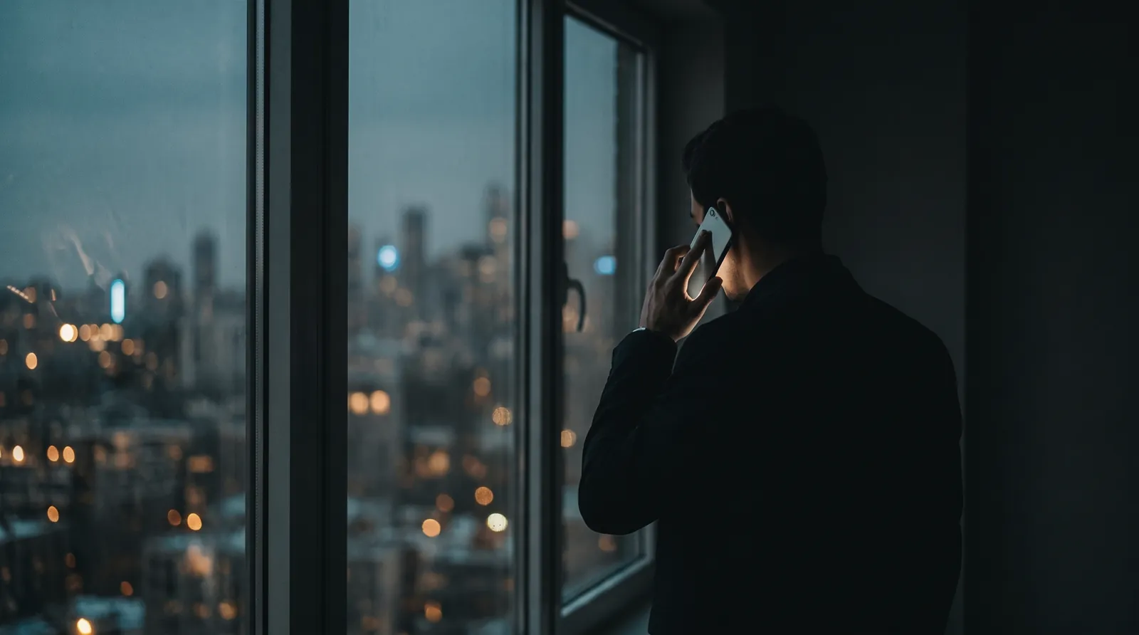 A man on a phone call by a tall window at dusk, the city lit up below