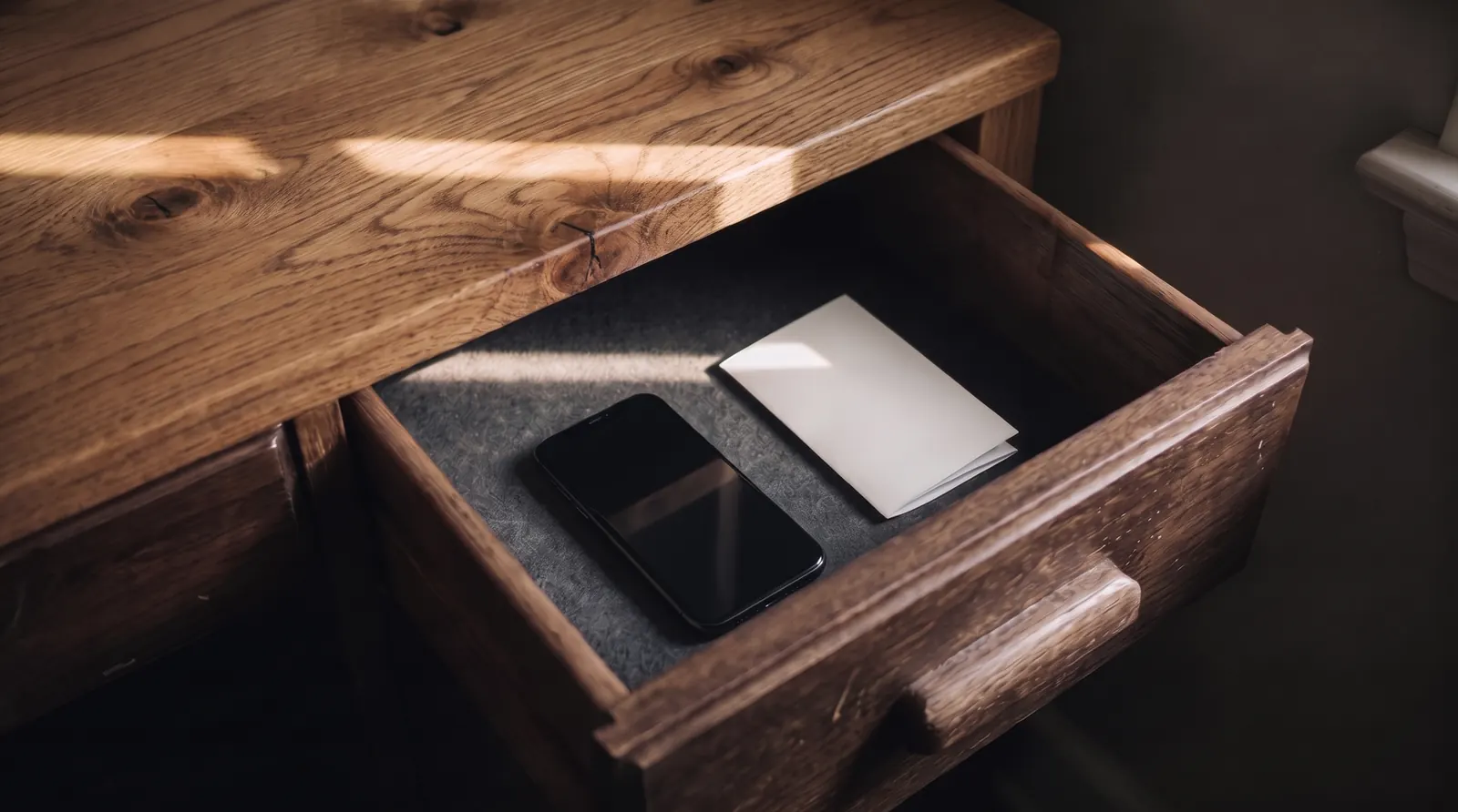 A phone and a paper card inside a desk drawer