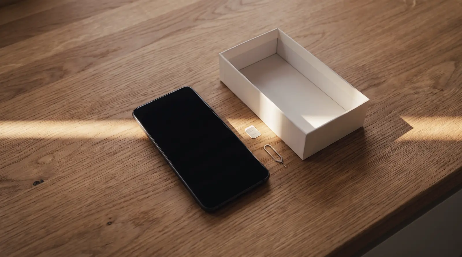 A new Android phone beside its open box and a SIM card
