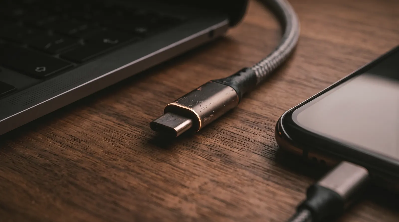 A USB cable running from a laptop to a phone