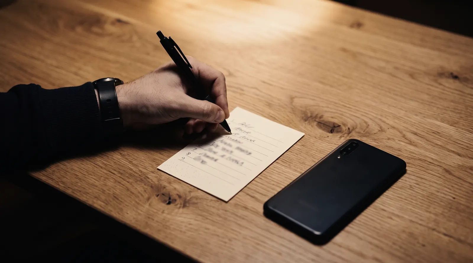 A hand writing recovery words on a card at a wooden table, a phone lying beside it