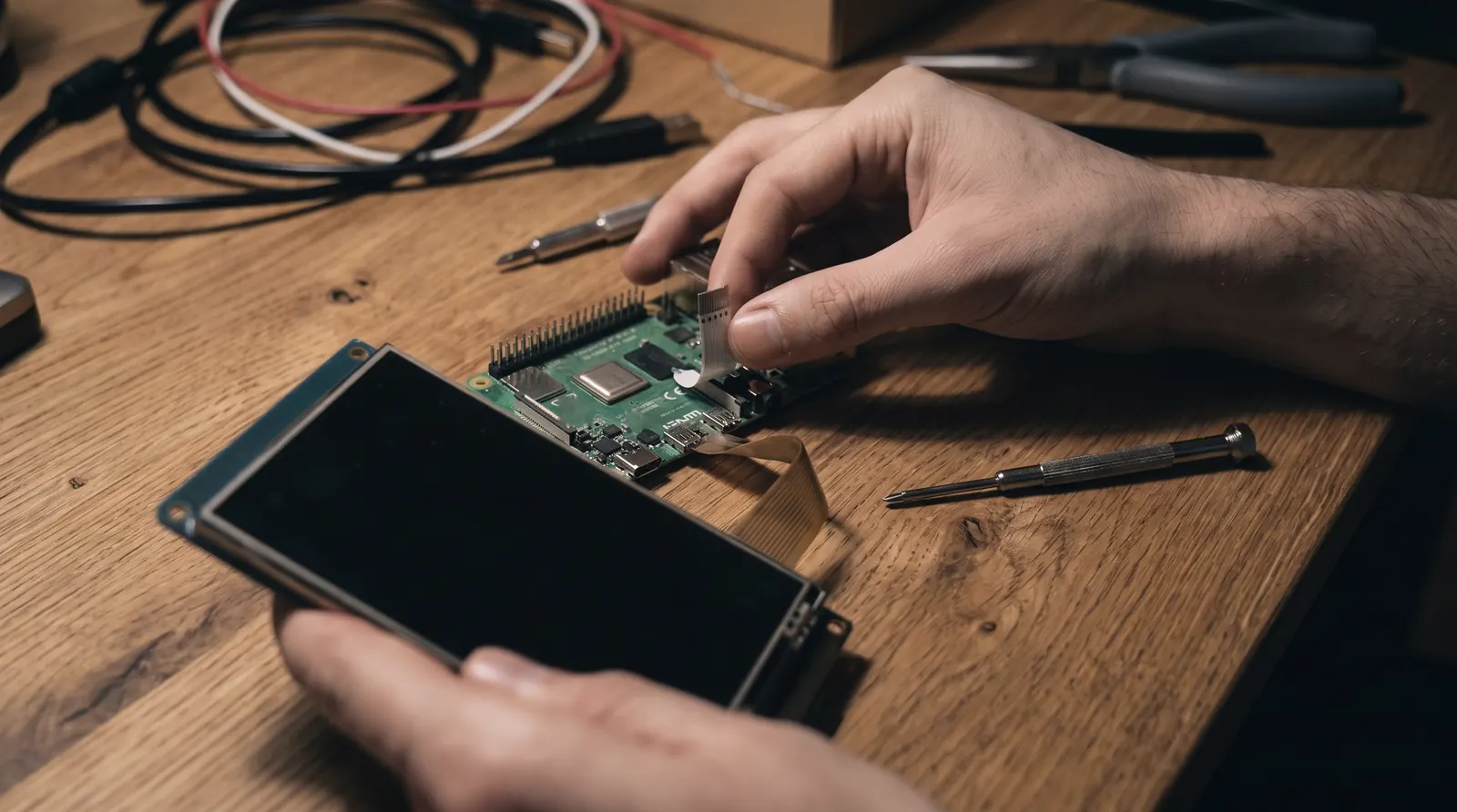 Hands connecting the display ribbon to the board