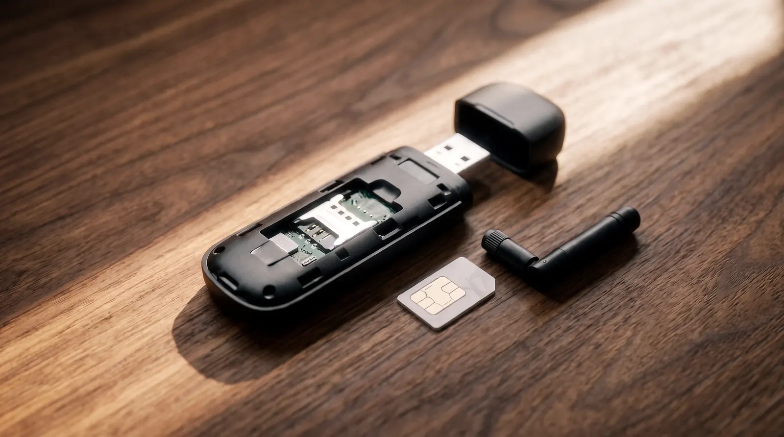 A USB 4G voice modem with a SIM card and antenna