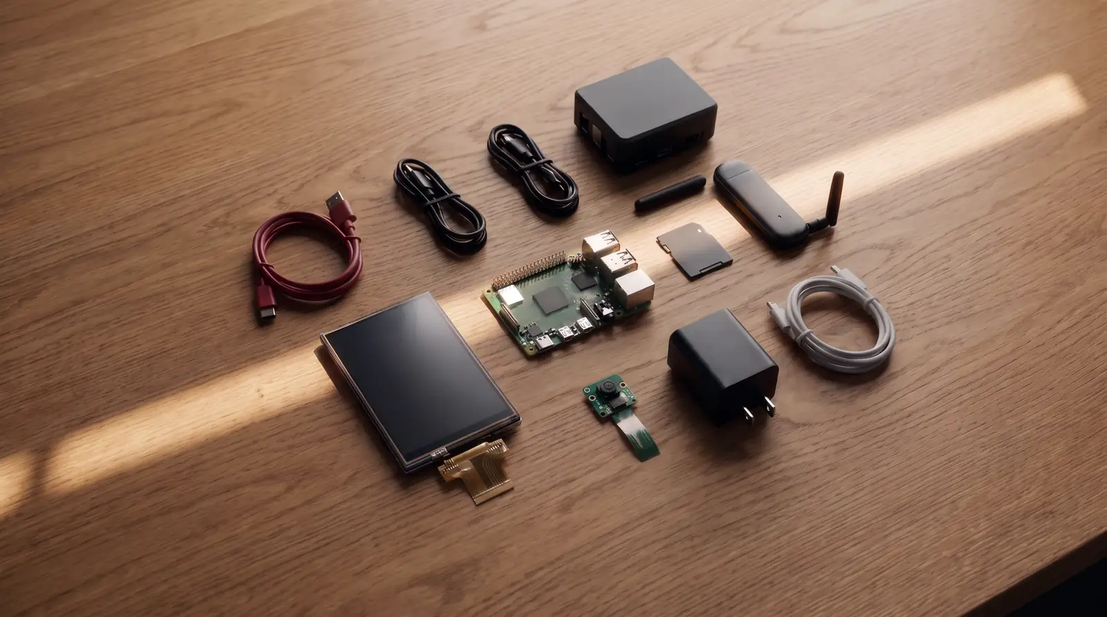 All kit parts laid out on a wooden table