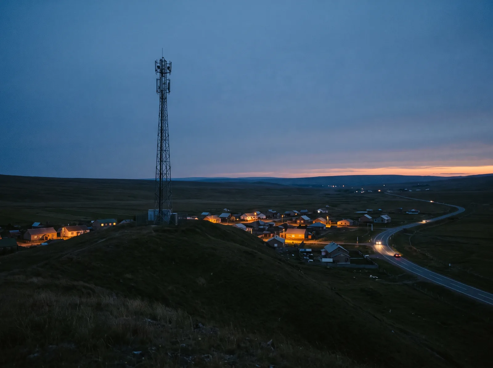 A mobile phone mast on a grassy ridge above a small town at dusk, house lights glowing and a road winding through the valley