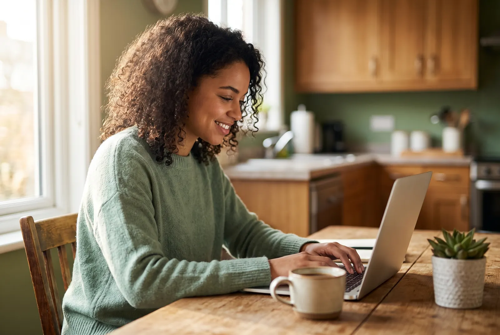 A woman at her kitchen table in morning light, smiling as she types on a laptop