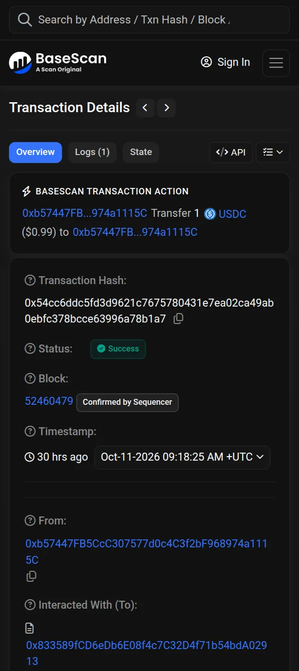 BaseScan showing the 11 October 2026 payment of 1 USDC on Base, status Success, in block 52460479 at 09:18:25 UTC