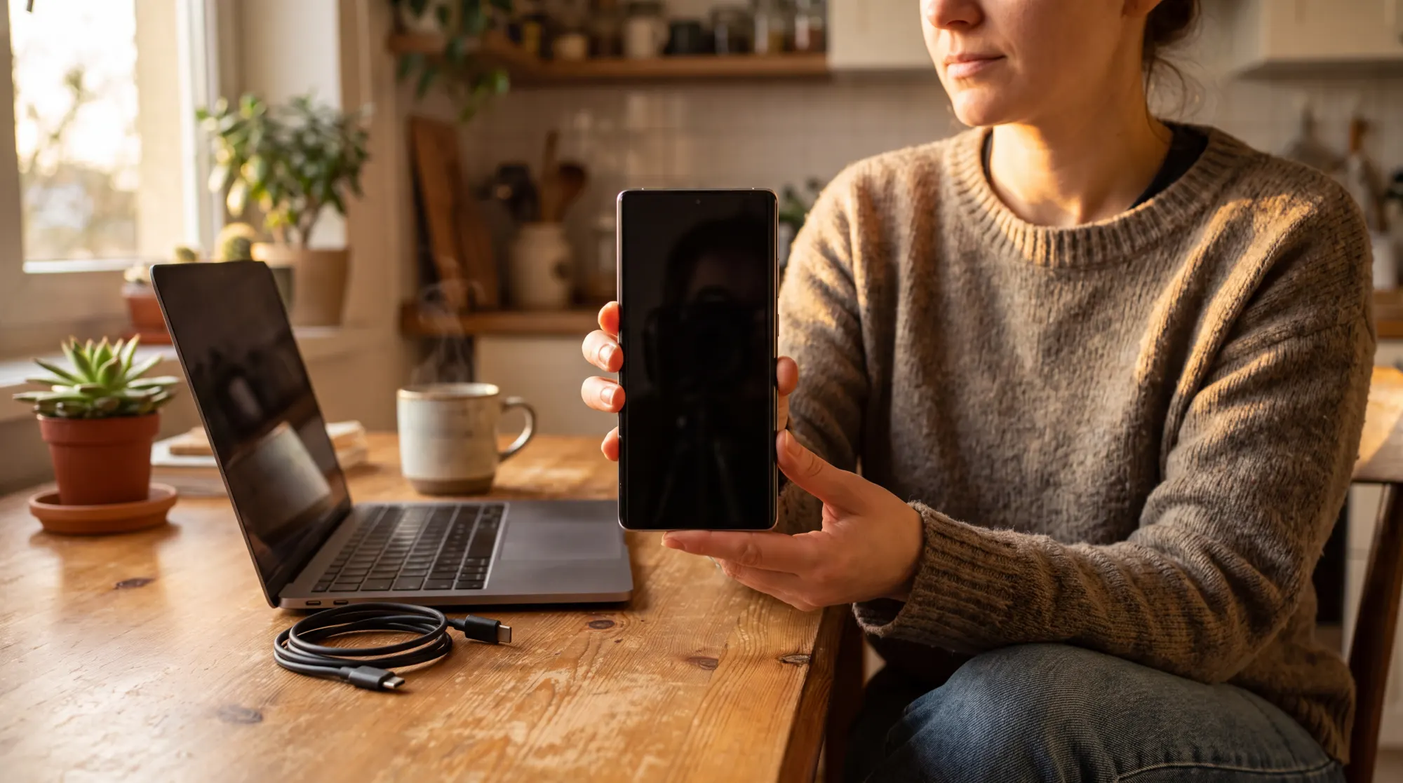 A woman at a sunlit kitchen table holds up a phone with a dark screen, a laptop and a USB cable beside her