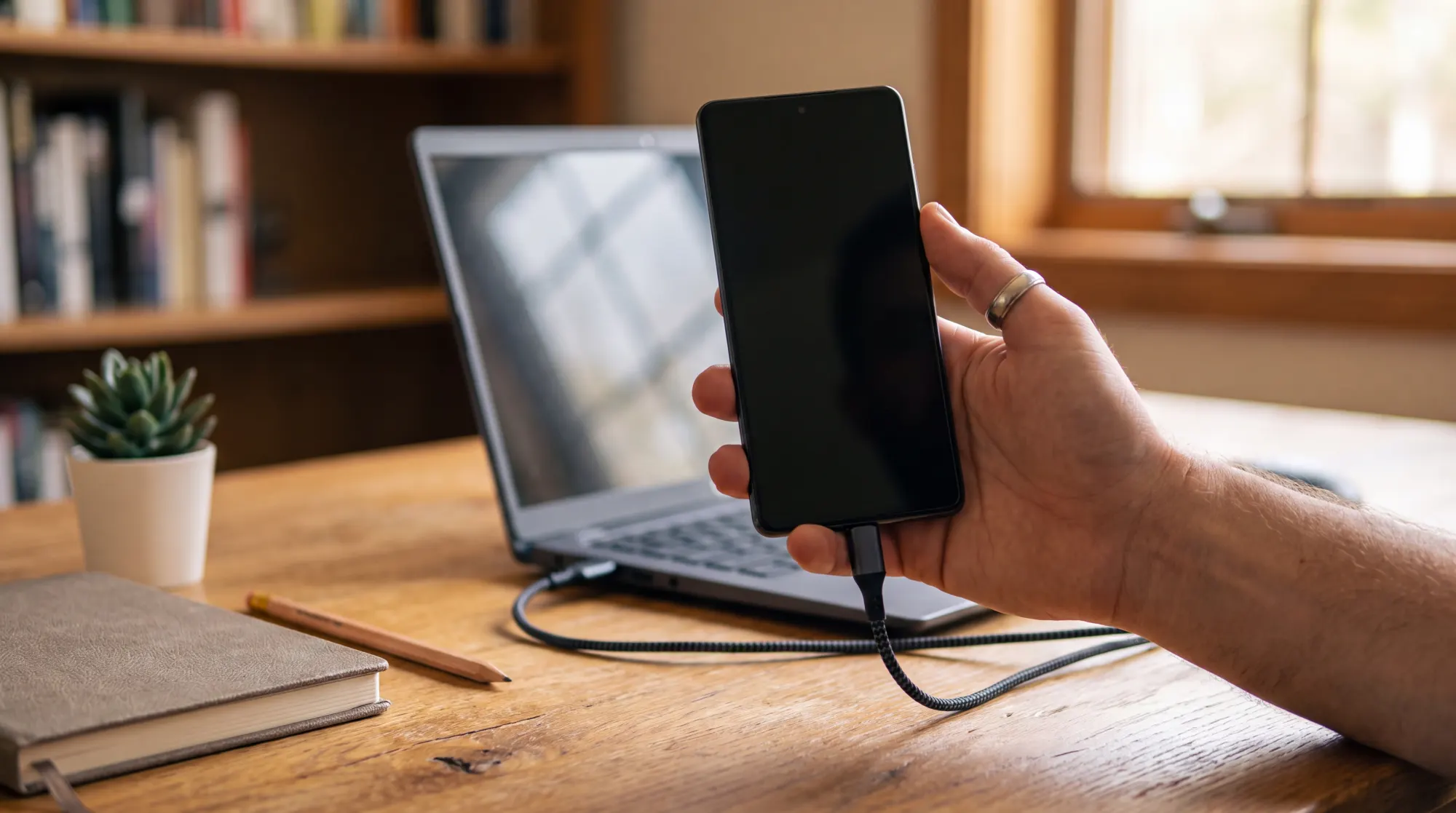 A hand holding an Android phone with a dark screen above a wooden desk, a USB cable running to a laptop