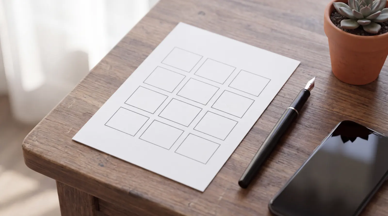 A blank printed card with a grid of empty boxes on a wooden desk, beside a fountain pen and a small plant