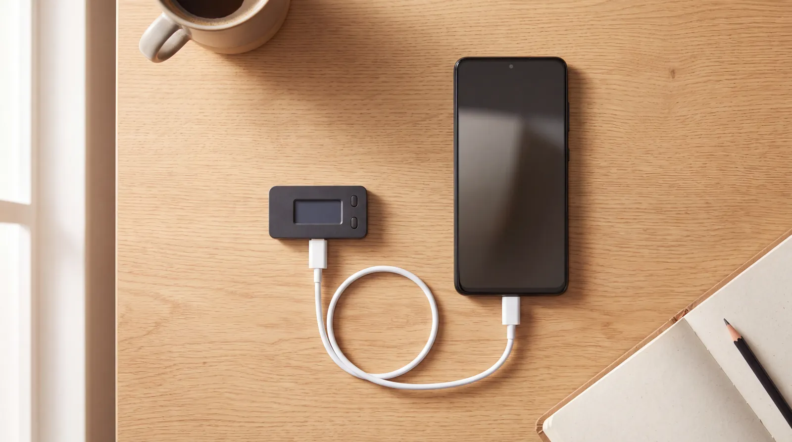 A phone and a small hardware wallet joined by a short USB-C cable on a wooden desk