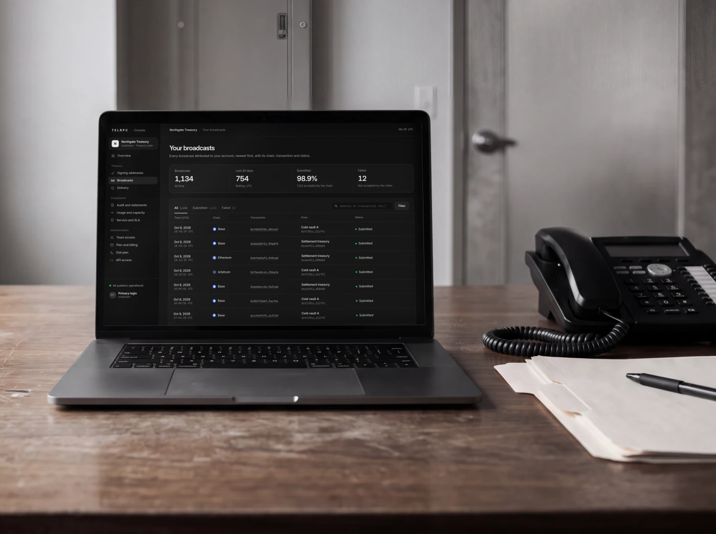 A laptop on a walnut table in a quiet back-office room, beside a corded desk phone and paper folders, showing the TELRPC Console's Broadcasts view: each broadcast with its chain, transaction, treasury address and status