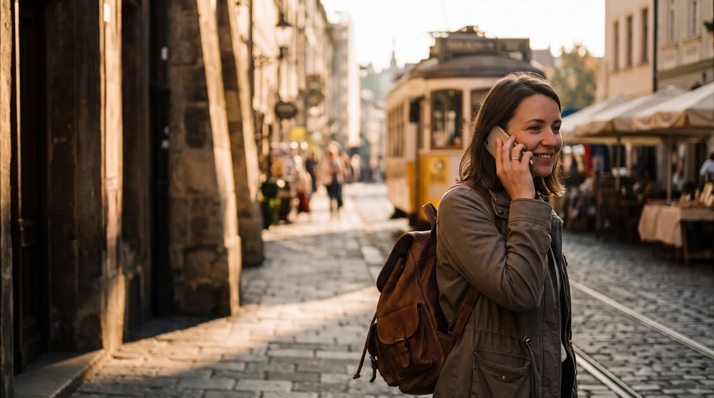 A traveller with a backpack on an old-town street abroad at golden hour, smiling as she talks on her phone, a tram behind her