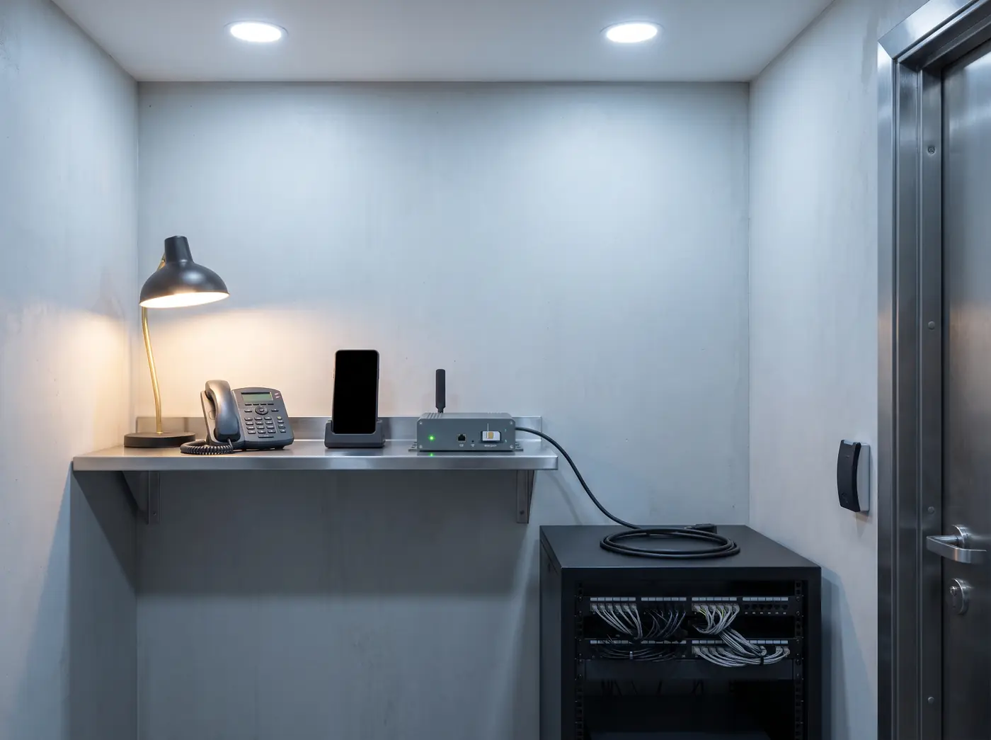 A small secure room: on a steel shelf, a dedicated handset in a charging cradle with its screen dark and a cellular voice module with an antenna and SIM, cabled down to a closed equipment rack beside a badge-controlled door