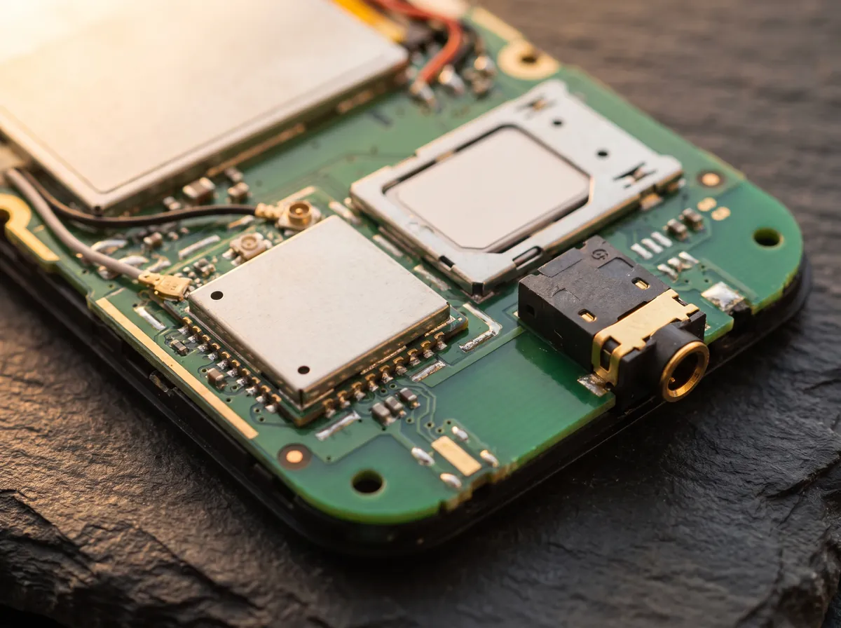 The board inside a hardware device: a shielded cellular voice module, a SIM tray and a headset jack