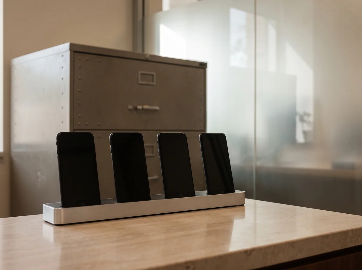 Four handsets standing in a charging dock on a stone desk in a treasury room