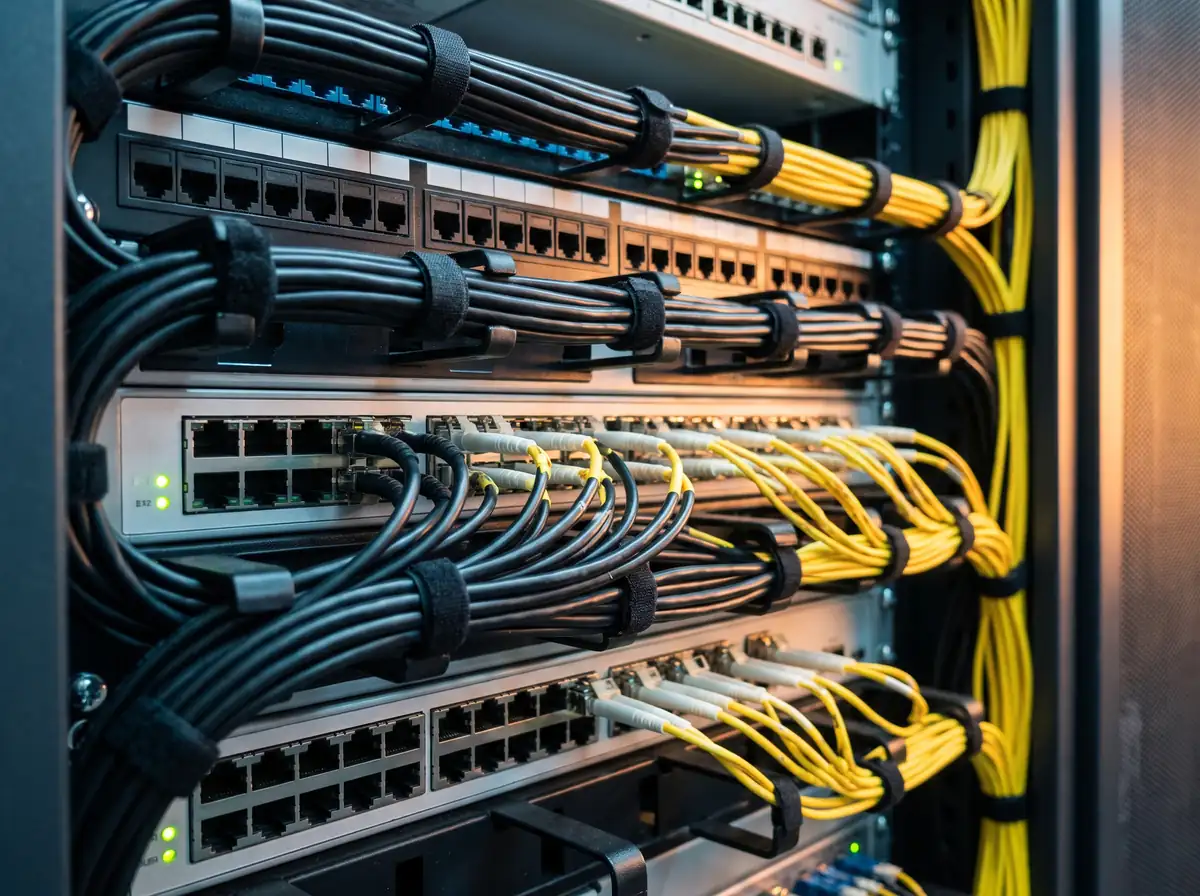 Carrier equipment: a voice gateway and patch panels with dressed cables and green status lights