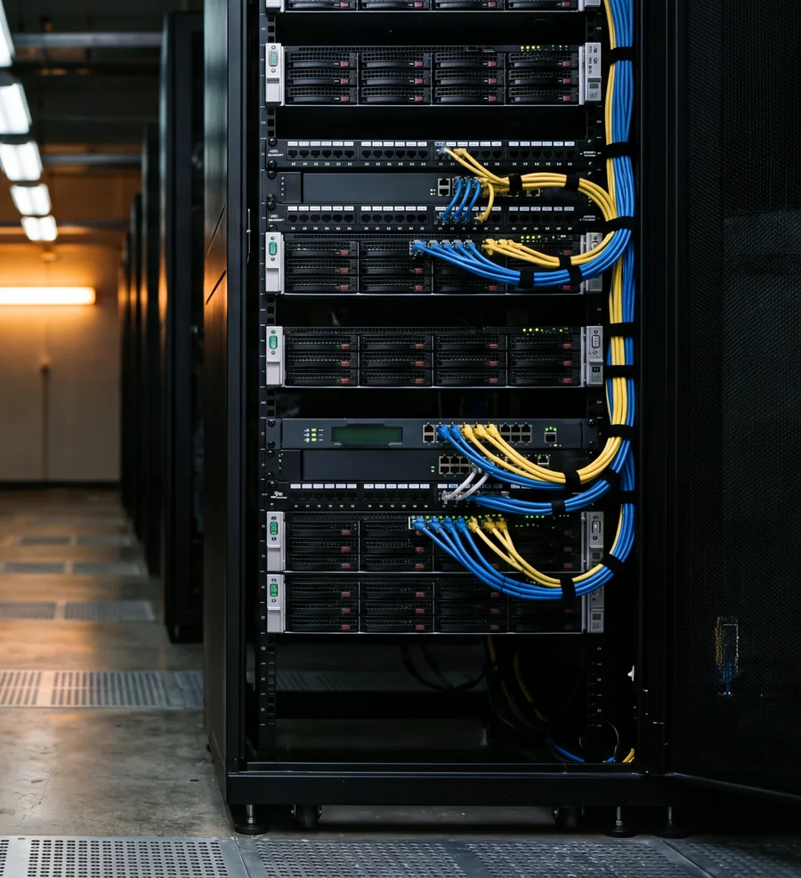 A server rack with its door open in a data centre aisle