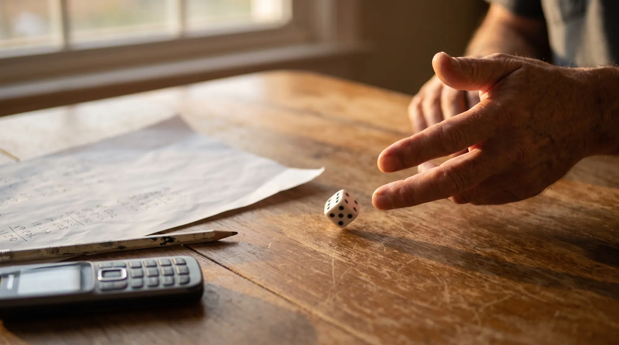 A hand rolls a white die across a wooden table in late afternoon light, beside a sheet of handwritten numbers, a pencil and a simple keypad phone