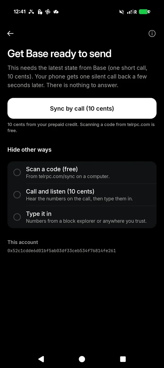 The Sync screen in the TELRPC Wallet: sync by call for 10 cents, with other ways underneath: scan a code, call and listen, or type it in
